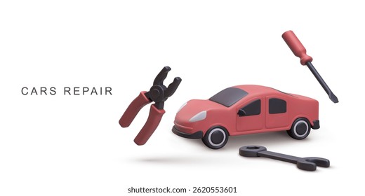 Car Repair Tools and Vehicle in Minimal 3D Style. Clean Isometric Illustration Featuring Wrench, Pliers, Screwdriver, and Red Car. Perfect for Auto Service Themes. Vector Illustration.