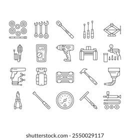 car repair tools wrench icons set vector. socket ratchet, pliers jack, lift screwdriver, multimeter, compressor, torque car repair tools wrench black contour illustrations