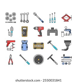 car repair tools wrench icons set vector. socket ratchet, pliers jack, lift screwdriver, multimeter, compressor, torque car repair tools wrench color line illustrations