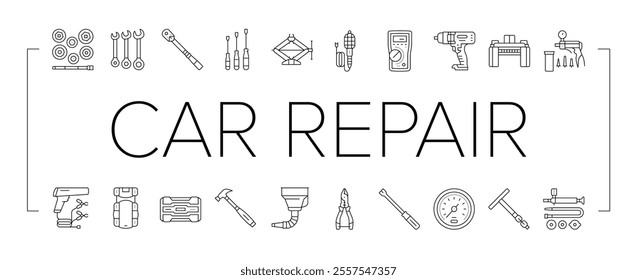 car repair tools wrench icons set vector. socket ratchet, pliers jack, lift screwdriver, multimeter, compressor, torque car repair tools wrench black contour illustrations