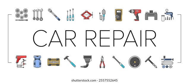 car repair tools wrench icons set vector. socket ratchet, pliers jack, lift screwdriver, multimeter, compressor, torque car repair tools wrench color line illustrations