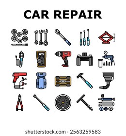 car repair tools wrench icons set vector. socket ratchet, pliers jack, lift screwdriver, multimeter, compressor, torque car repair tools wrench color line illustrations