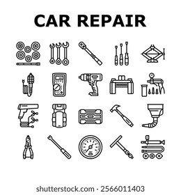 car repair tools wrench icons set vector. socket ratchet, pliers jack, lift screwdriver, multimeter, compressor, torque car repair tools wrench black contour illustrations