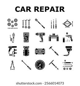 car repair tools wrench icons set vector. socket ratchet, pliers jack, lift screwdriver, multimeter, compressor, torque car repair tools wrench glyph pictogram Illustrations