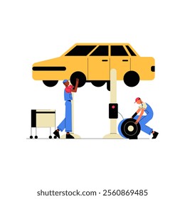 Car Repair With Two Mechanics In Flat Vector Illustration Symbolizing Automotive Maintenance, Repair Services, And Vehicle Maintenance, Isolated On White Background