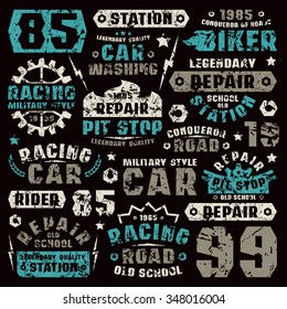 Car repair typographic elements with shabby texture. Graphic design for t-shirt. Color print on black background