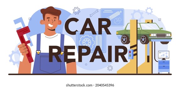 Car repair typographic header. Automobile got fixed in car workshop. Mechanic in uniform check a vehicle and repair it. Car full diagnostics. Flat vector illustration.