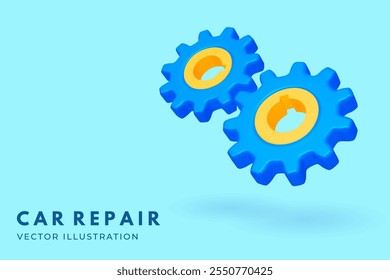 Car repair. Vector 3d ogwheel gear. Cog wheels setting system. Realistic 3d design In plastic cartoon style. Technical support, repair, optimization and workflow concept.