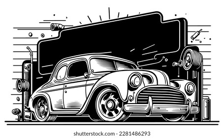 Car repair vector black line illustration isolated white. Sketch art