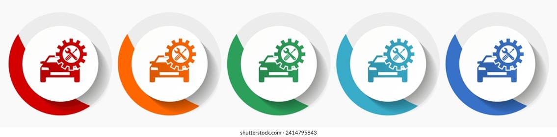 Juego de iconos vectoriales de reparación de coches, iconos planos para diseño de logotipos, diseño web y aplicaciones móviles, botones redondos coloridos