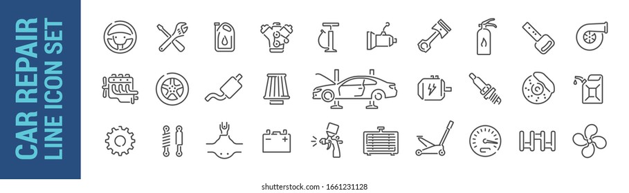 Car repair vector isolated line icon set. Mechanic tools & car parts. Collection