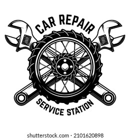 Car repair. Wheel with crossed wrenches. Design element for logo, label, sign, emblem. Vector illustration