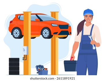 Car repair. Woman auto mechanic near the car lifted on autolifts. Car service and repair, diagnostics. Auto service.