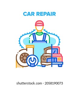 Concepto de icono del vector de trabajo de reparación de automóviles. Restauración Del Trabajador Del Servicio De Reparación Del Automóvil Dañó El Vehículo Antiguo O Arregló Parte De La Turbina Del Motor. Ilustración de color de la ocupación del mantenimiento del automóvil