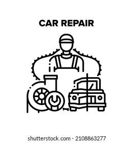 Car Repair Work Vector Icon Concept. Car Repair Service Worker Restoration Damaged Old Vehicle Or Fixing Broken Part Of Engine Turbine. Automobile Maintenance Occupation Black Illustration