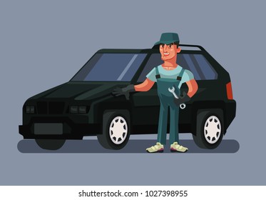 Carácter de trabajador de reparación de Camiones. Dibujo de dibujos animados planos vectoriales