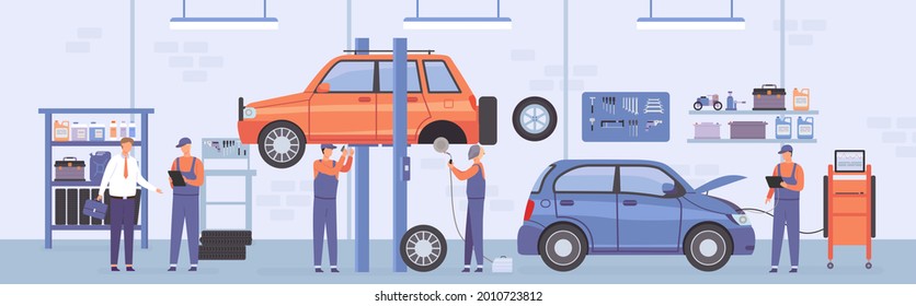 Car repair workshop. Auto service interior with mechanic workers, lifted cars and customer. Automobile maintenance center flat vector scene. Auto workshop repair, car service garage illustration