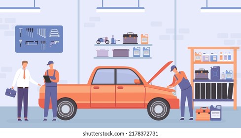 Car repair workshop. Male character coming to station to fix vehicle. Mechanic worker in uniform opening hood to check oil level. Professional transport inspection and assistance vector