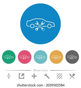 Car repair workshop outline flat white icons on round color backgrounds. 6 bonus icons included.