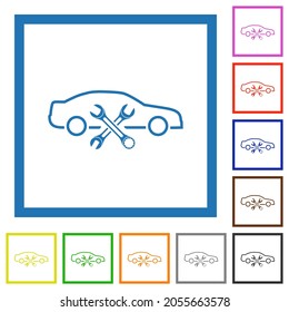 Car repair workshop outline flat color icons in square frames on white background