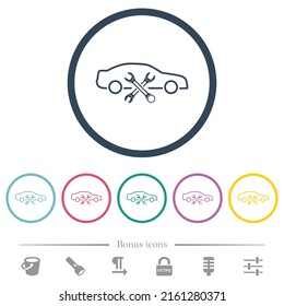 Iconos de color plano en los contornos redondos del taller de reparación de automóviles. 6 iconos de bonificación incluidos.