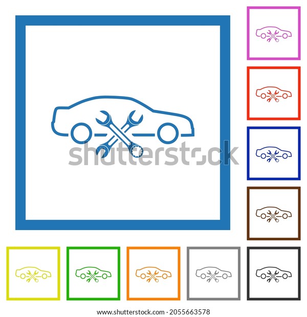 Car repair workshop outline flat color icons\
in square frames on white\
background