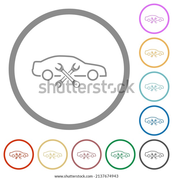 Car repair workshop outline flat color icons\
in round outlines on white\
background