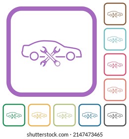 Car repair workshop outline simple icons in color rounded square frames on white background