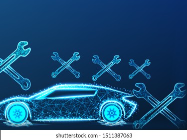 Car repairing. form lines and triangles, point connecting network on blue background.  vector Illustration