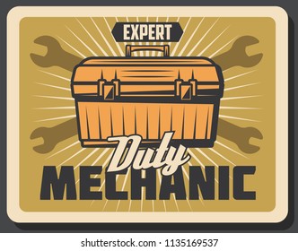 Car repairing and mechanic service retro poster with tool kit. Professional expert help to fix vehicle. Auto parts replacement and renovation advertisement vintage vector car maintenance industry card