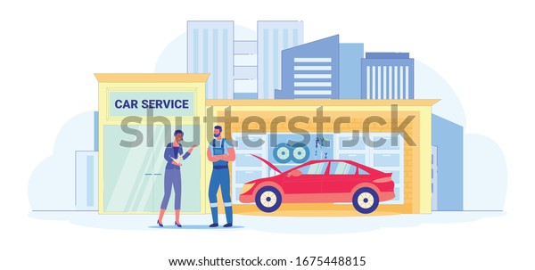 Car Repairing Service Flat Cartoon Vector
Illustration. Worker in Uniform or Mechanic Talking to Woman Owner.
Doing Vehicle Diagnostics or Replacement. Repairman Fixing Vehicle
or Automobile.
