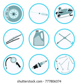 Car repairing tools vector illustrations set. Vehicle parts, transport details collection. Automobile mechanic equipment icons in circles pack. Auto service, workshop tools isolated clip arts on white
