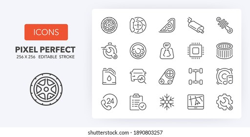 Car repair-maintenance services and auto parts. Thin line icon set. Outline symbol collection. Editable vector stroke. 256x256 Pixel Perfect scalable to 128px, 64px...