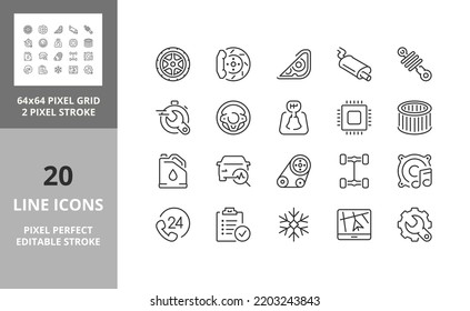 Car repair-maintenance services and auto parts. Thin line icon set. Outline symbol collection. Editable vector stroke. 64 and 256 Pixel Perfect scalable to 128px