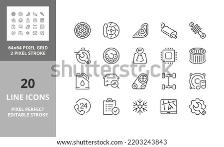 Car repair-maintenance services and auto parts. Thin line icon set. Outline symbol collection. Editable vector stroke. 64 and 256 Pixel Perfect scalable to 128px