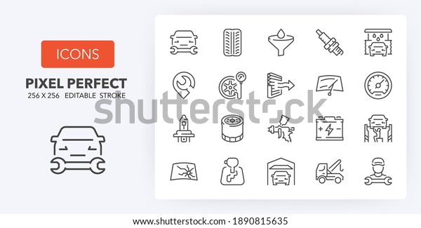 Car repair-maintenance\
services and auto parts. Thin line icon set. Outline symbol\
collection. Editable vector stroke. 256x256 Pixel Perfect scalable\
to 128px, 64px...