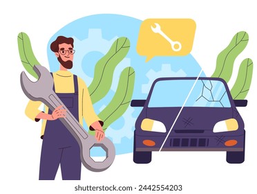 Car repairman concept. Man with wrench in hands near automobile. Worker in uniform near transport and auto. Modernization and tunning. Cartoon flat vector illustration isolated on white background