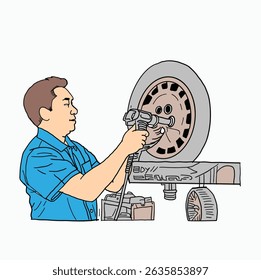 car repairman. people repair car tires. Cartoon Style Illustration
