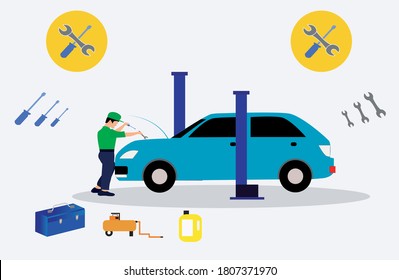 car repairman and service vector vehicle maintenance person checking flat illustration 