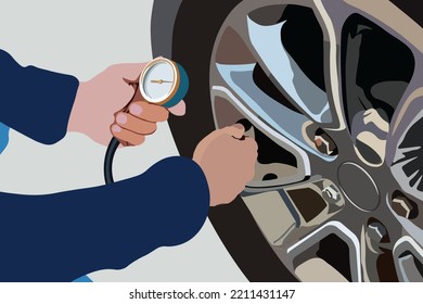 car repairman worker checking the condition of the wheel pressure using a tool. Tire pressure compressor service illustration vector.