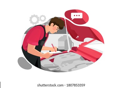 Car repairman writing on his clipboard while working at the garage vector illustration concept