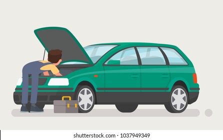 Car repairs. Auto mechanic opened the hood and repaired the car. Vector illustration in a flat style