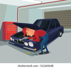 Car repairs. Worker character doing repair. Vector flat cartoon illustration