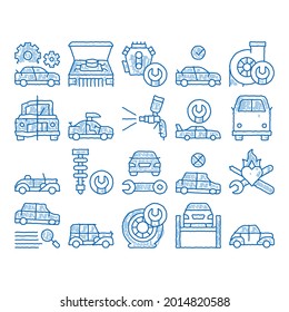 Car Restoration Repair Sketch Icon Vector. Hand Drawn Blue Doodle Line Art Classic And Crashed Car Restoration, Painting Body And Fixing Engine, Wheel And Details Illustrations