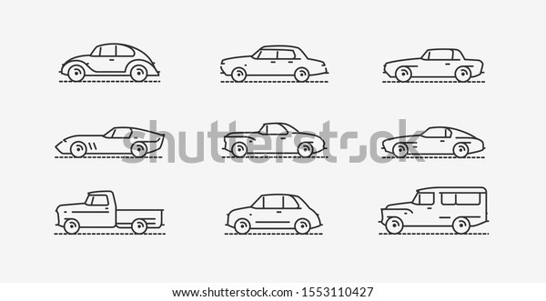 Car retro icon set. Transportation symbol in\
linear style. Vector\
illustration