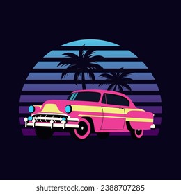 Car in retro neon style. Vector illustration.