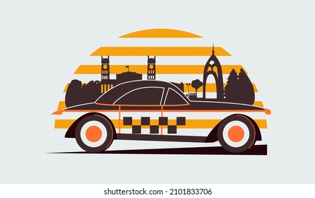 Voiture. Style Rétro. Illustration vectorielle avec voiture sur fond de ville. Illustration de voiture rétro en silhouette. Peut être utilisé pour des bannières ou des cartes de visite, le web design. 