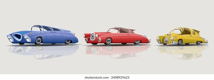 Un coche al estilo retrofuturismo. Conjunto de caricaturas al estilo steampunk. Coche de juguete, vehículo personal, sedan, minivan, hatchback, furgoneta de pasajeros. Modelo de coche futurista, conjunto aislado, ilustración vectorial No AI