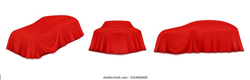 Car reveal curtain, vector illustration isolated on white background. Automobile covered with realistic red silk, velvet fabric. New car model presentation, auto show.