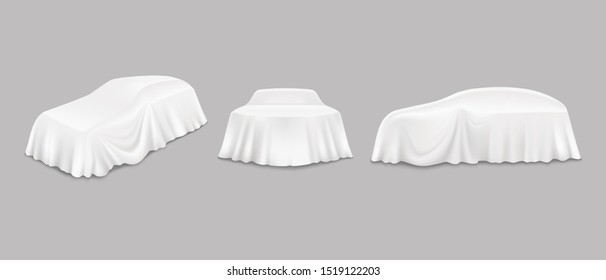 Car reveal event drapes, side front view, vector isolated illustration. Automobile hidden behind realistic white unveiling cloth. New car model presentation, auto show.